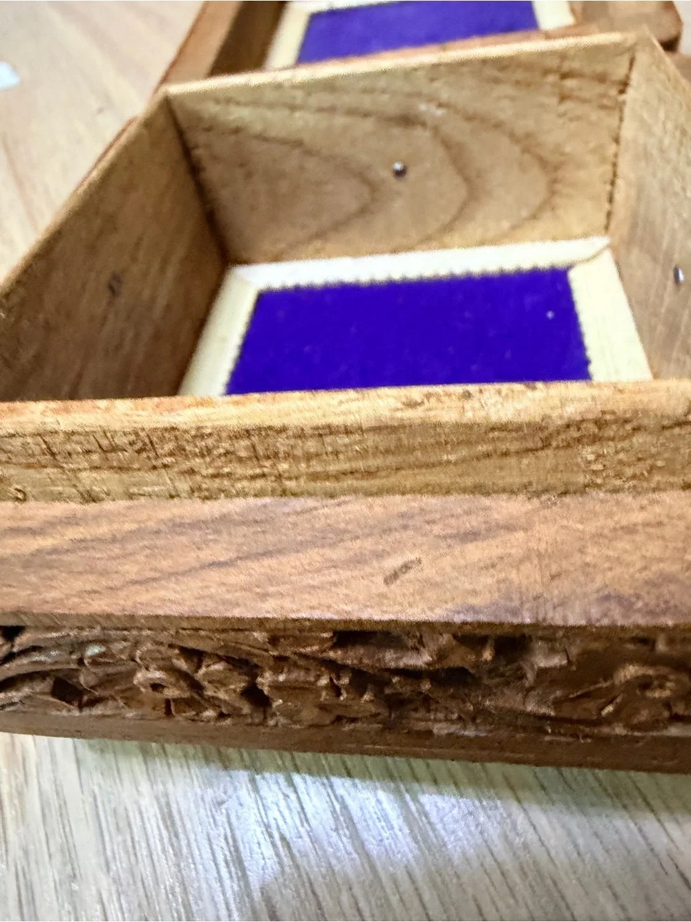 Vintage Carved Wooden Trinket Box with White Inlay